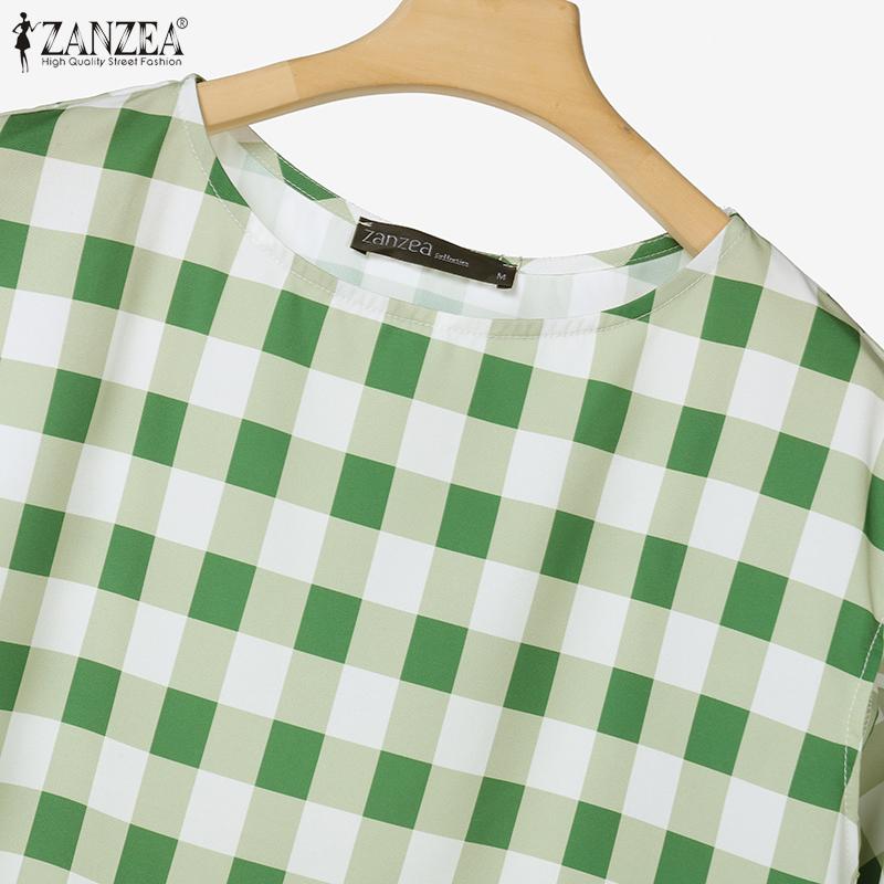 ZANZEA Women Short Sleeve Blouse and Long Skirts Plaid Print Two Piece Sets