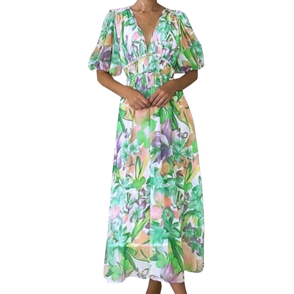 Women's Bohemian Floral Midi Smocked Beach Loose Casual Dress