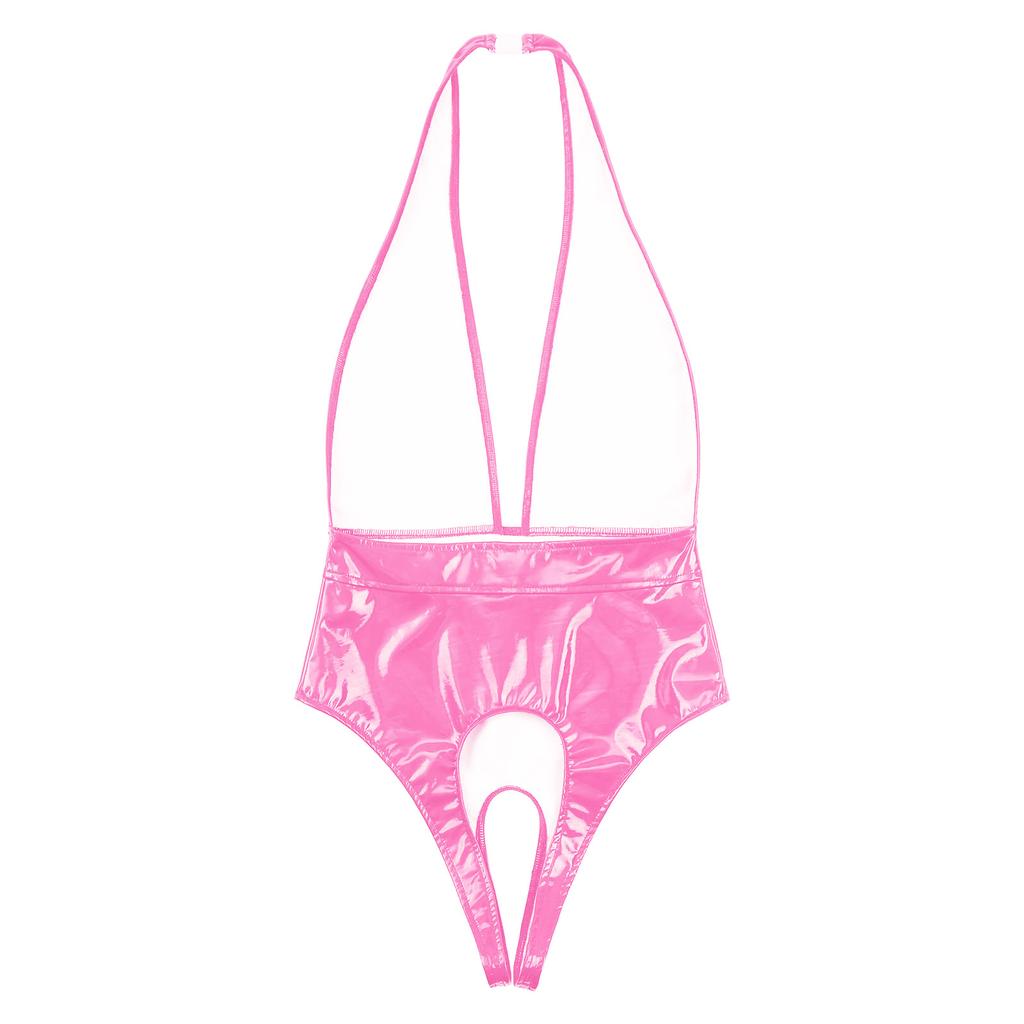 Женское нижнее белье Латексный боди Патентная кожа Халтер Комбинезон Костюм кошки с застежкой-пряжкой Сексуальный леотард с открытой промежностью Комбинезон Клубная одежда