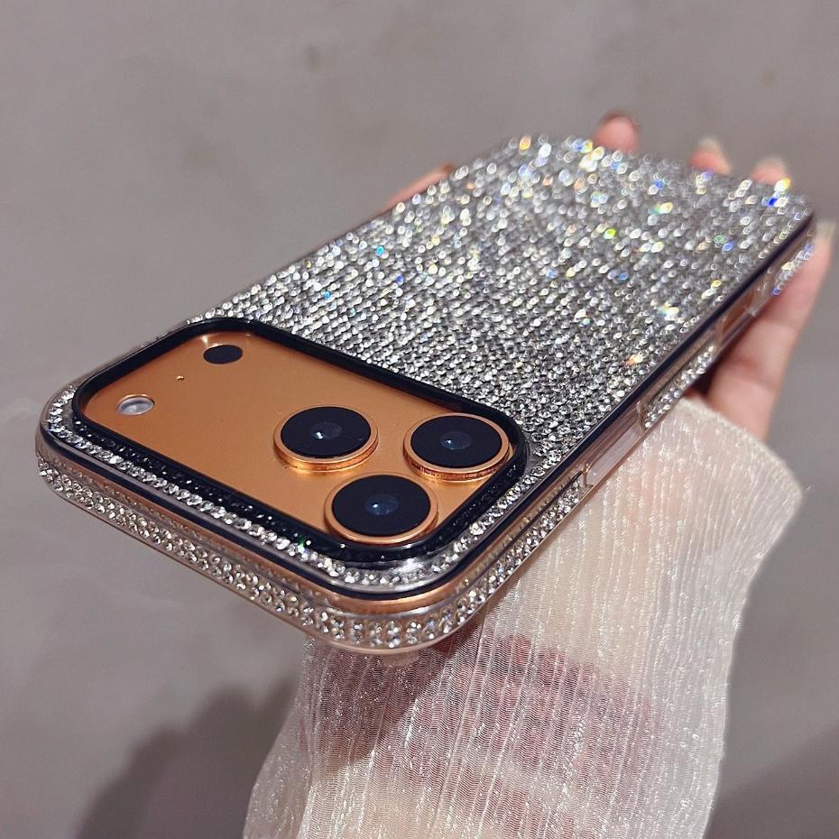 Bling Full Silver Diamond Phone Casing For iPhone 17 11 12 13 14 15 16 Pro Max Air XR XS Max Plus Luxury Camera Protection Cover