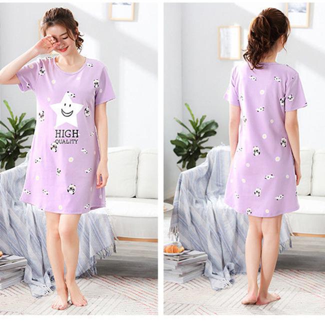 Summer Nightdress Female Cute Sweet Print Short-sleeved Girl Loose Comfortable Soft Mid-length Plus Size Nightdress Ladies Home