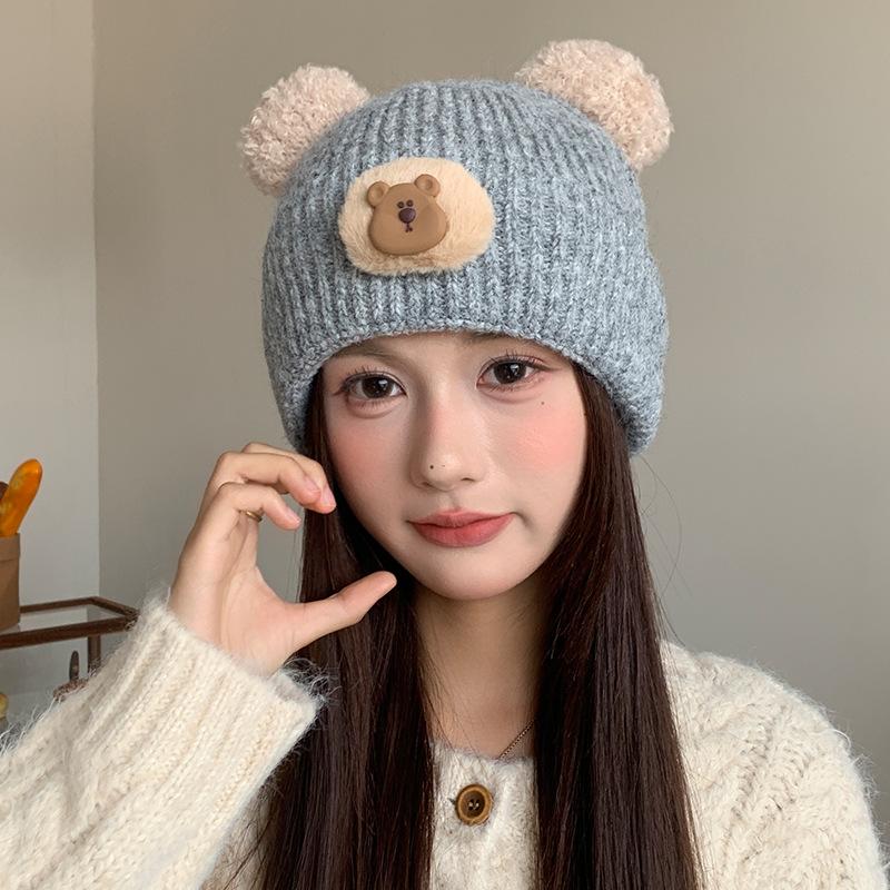 Cute Cartoon Bear Wool Knitted Hat for Female Students, Seasonal Cold Hat, Big Head Circumference, Warm Ear Protector