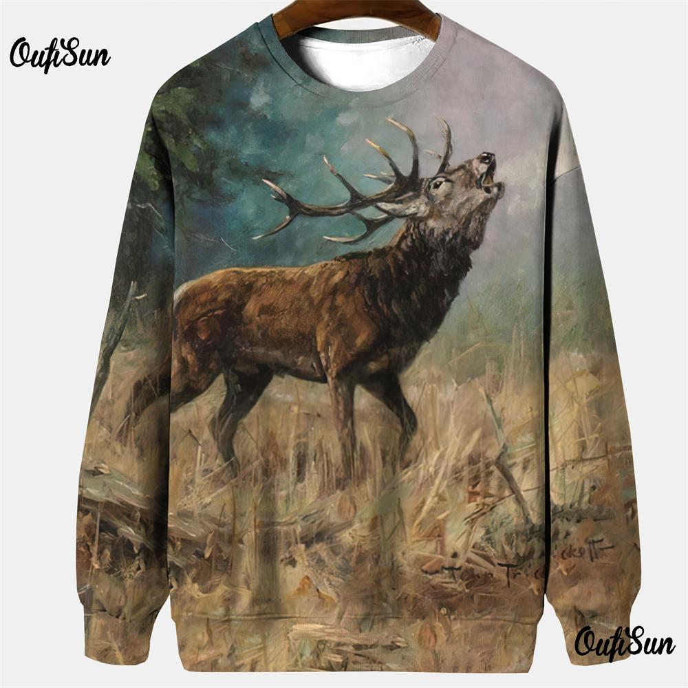Толстовки с капюшоном для охоты для мужчин, одежда для активного отдыха, футболка с принтом лося 3D, свободный топ с длинным рукавом и круглым вырезом, мужской камуфляж