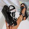Модные Кристаллы Женская Обувь Бабочка Клинья Сандалии Женские Летние Массивная Платформа Эластичная Лента Женские Жемчужные Туфли на Высоком Каблуке