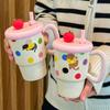 Девочки Сердце Контрастный цвет Кошка Соломинка Чашка для воды Милая Керамическая кружка Парная Кофейная чашка Подарок на день рождения для девочки