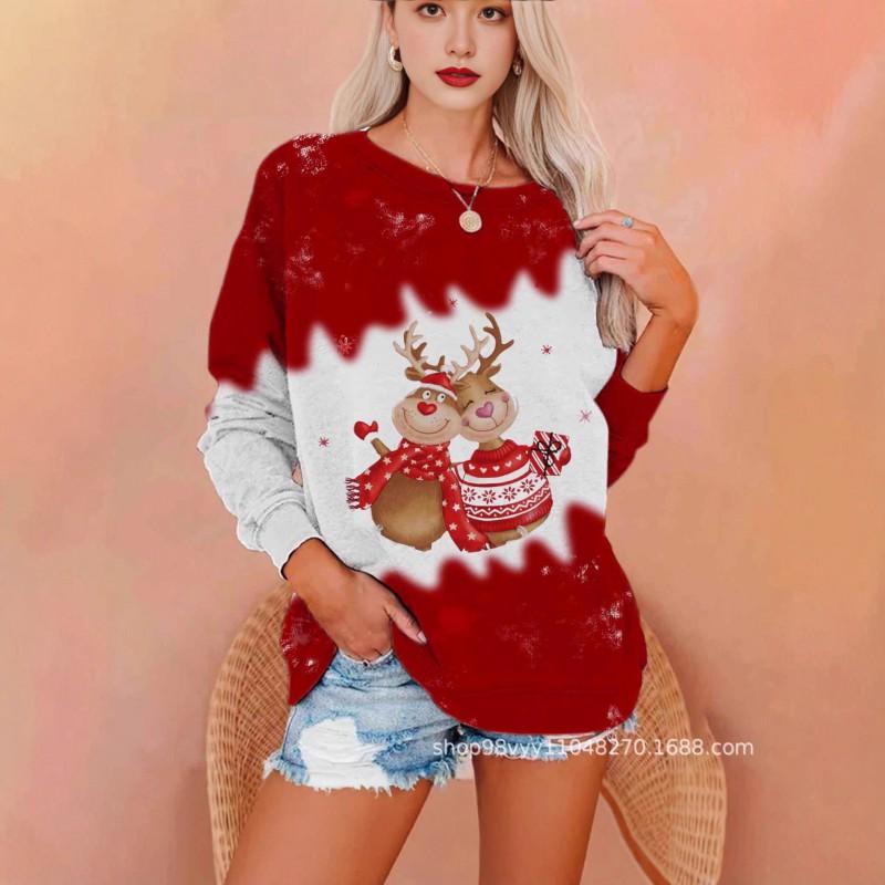 Womens Christmas Pullover Hoodie With Deer Print Red Loose Fit Oversized Sweatshirt Winter Casual Wear