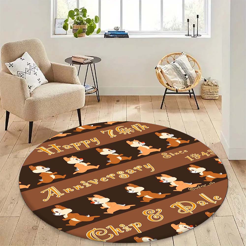 Cute Chip 'n' Dale print round floor mat, home rug decoration, cartoon welcome doormat, non-slip and stain-resistant.