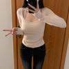Американский с подкладкой на груди, на шее, имитация двойки, длинный рукав, футболка, женская, осень и зима, нишевый, эластичный, облегающий, облегающий, внутренний топ