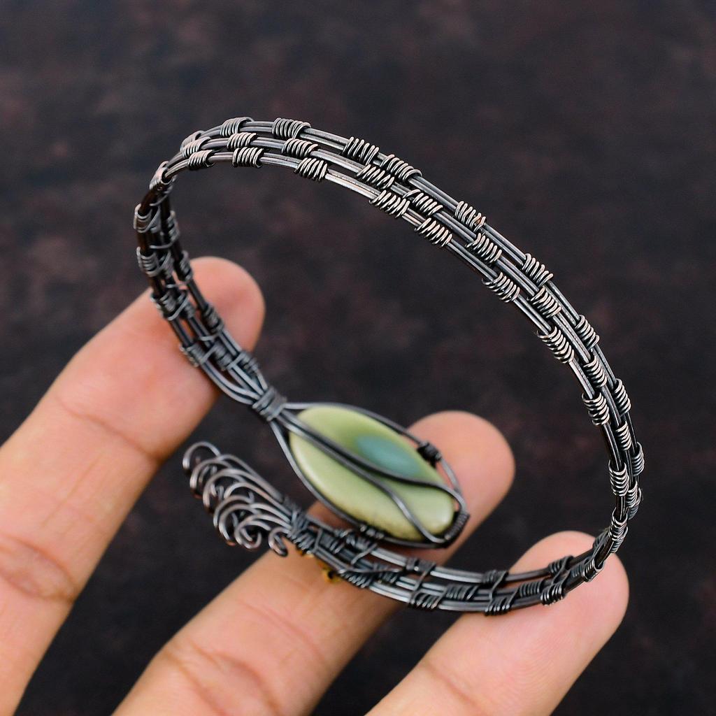 Браслет-манжета из императорской яшмы Браслет-манжета из медной проволоки Регулируемый браслет Браслет-манжета из драгоценного камня Браслет ручной работы Медные украшения для подарка