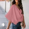 Women Chiffon V-Neck Swing Collar Flared Short Sleeve Shirt Solid Color Casual Loose Office Lady Tops