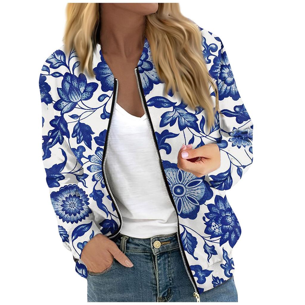 Женская модная повседневная куртка на молнии с длинным рукавом с цветочным/листовым принтом и круглым вырезом