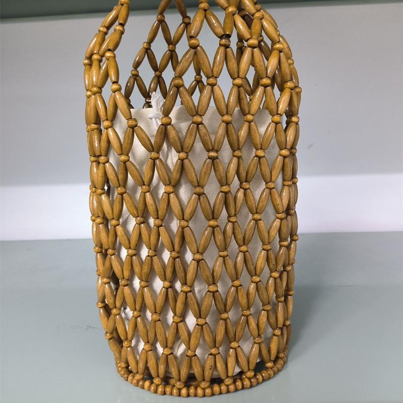 2025 New Design Summer Handmade Lady Wooden Bead Woven Tote Bag Hollow-out Shoulder Bag Travel Beach Underarm Bucket Bag Handbag
