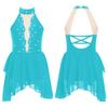 Kids Girls Rhinestone Lyrical Dance Costume Sheer Mesh Patchwork Sleeveless Irregular Hem Dress Dancewear