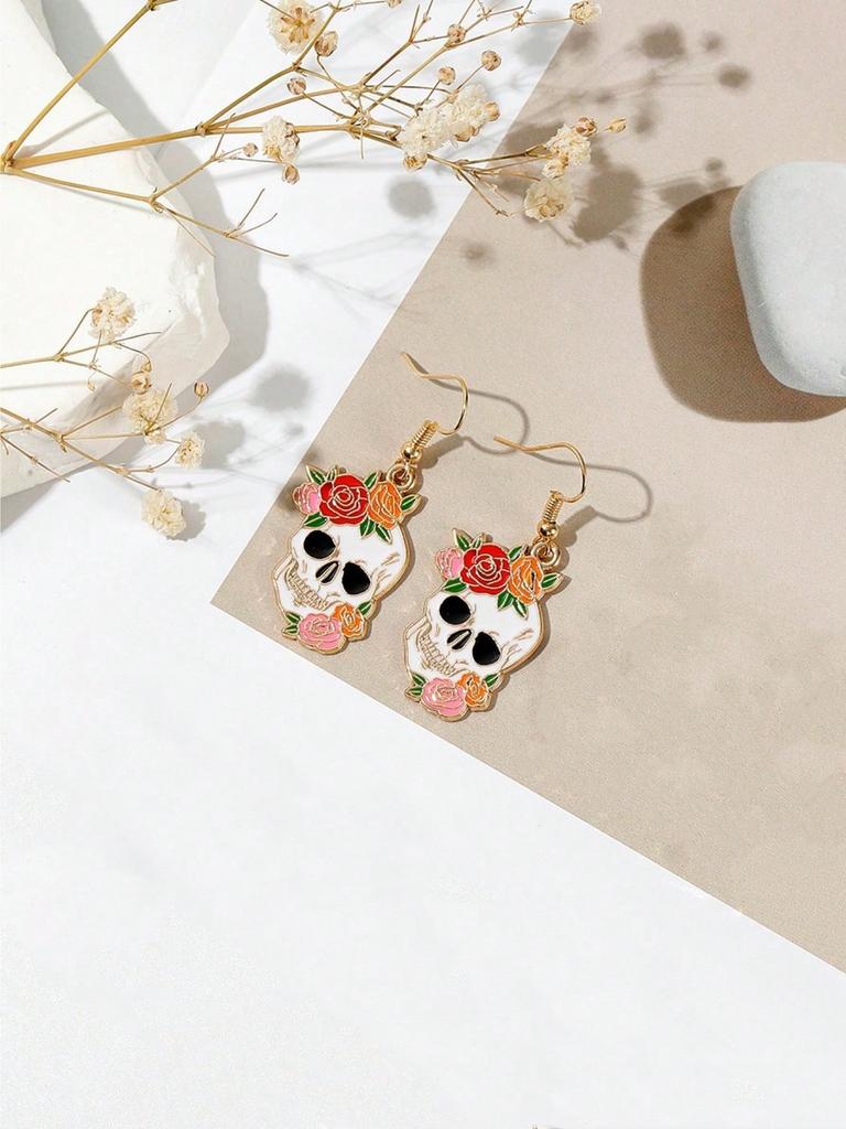 1pair Halloween Zinc Alloy Skull Head & Rose Flower Stud Earrings For Women, Personalized Funny Ear Jewelry