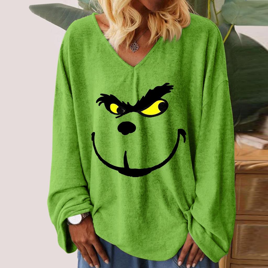 Женская свободная футболка с v-образным вырезом и рождественским принтом, длинными рукавами, топы с прямыми рукавами для женщин