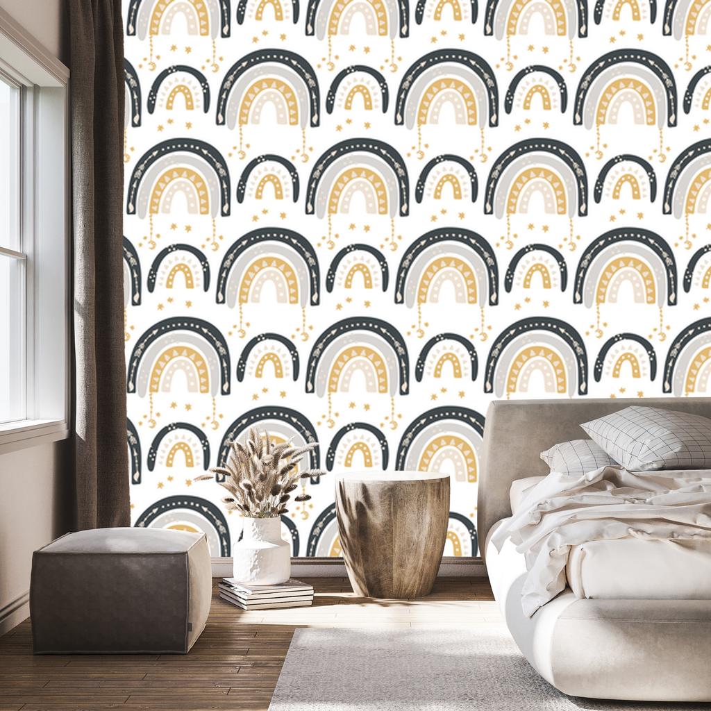 Rainbows and Butterflies Boho Wallpaper White, Cream and Light Gray 50x1000