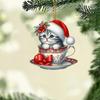 Acrylic Teacup Cat Hanging Ornaments Cute Cartoon Cat Christmas Ornament 2D Flat Car Mirror Charm for Christmas Tree Decoration