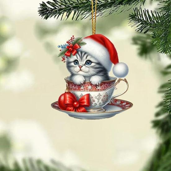 Acrylic Teacup Cat Hanging Ornaments Cute Cartoon Cat Christmas Ornament 2D Flat Car Mirror