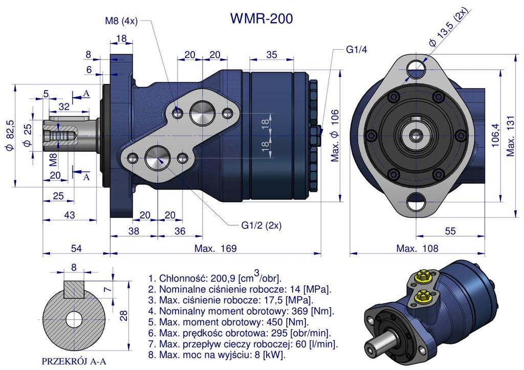 Orbital hydraulic motor (used for wrapping machines) WMR 200 cm3/rev (140 bar / max. 200 bar) Waryński