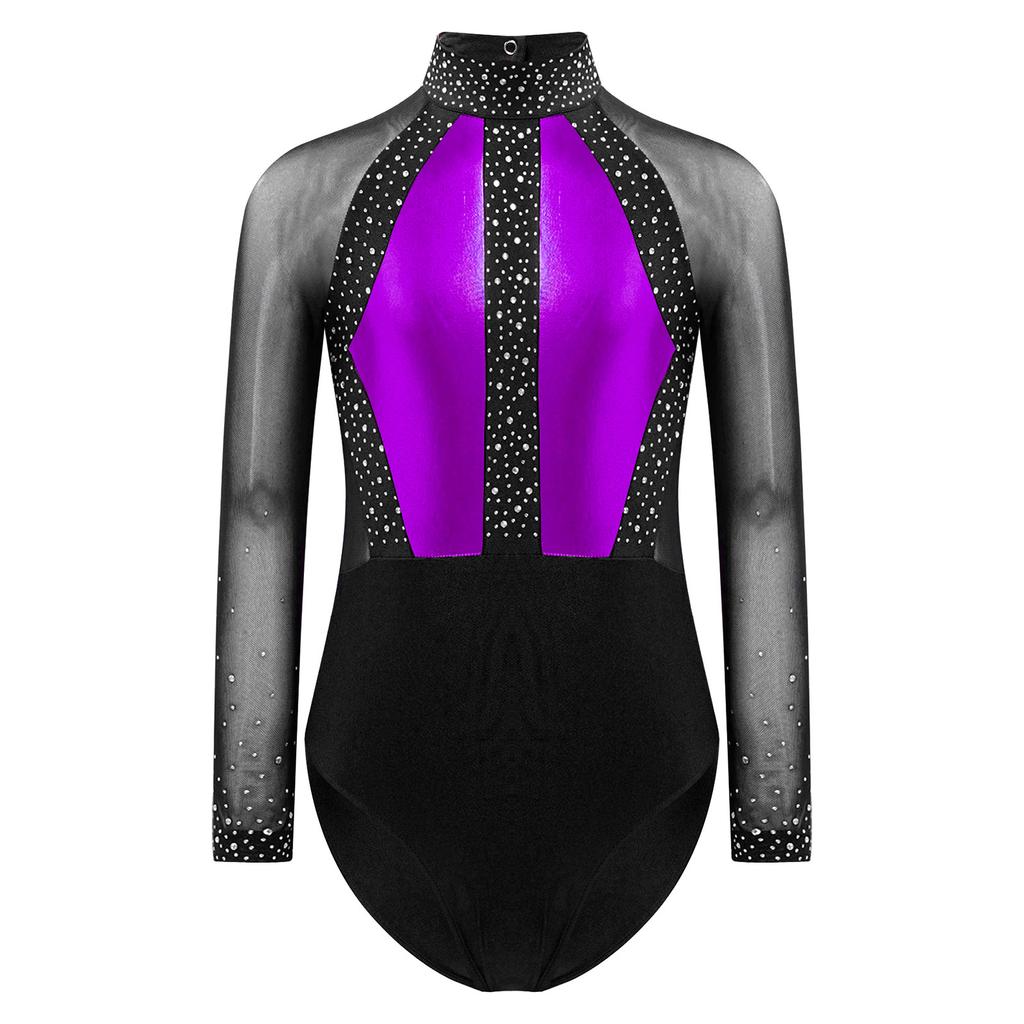 Girls Shiny Rhinestones Leotard Color Block Patchwork Keyhole Back Sheer Mesh Long Sleeve Bodysuit