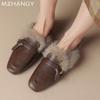 Женские меховые балетки из хлопка, зимние кожаные мюли, женская обувь 2025 года, тренд, мода, повседневные, теплые, уютные, хлопковые тапочки, шлепанцы