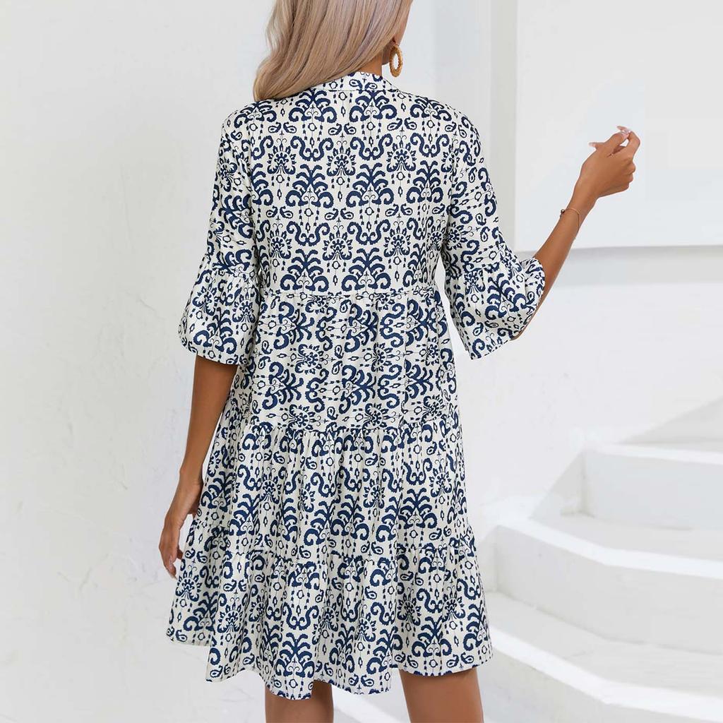 Женские платья Свободные повседневные с V-образным вырезом Литературные винтажные короткие платья с коротким рукавом