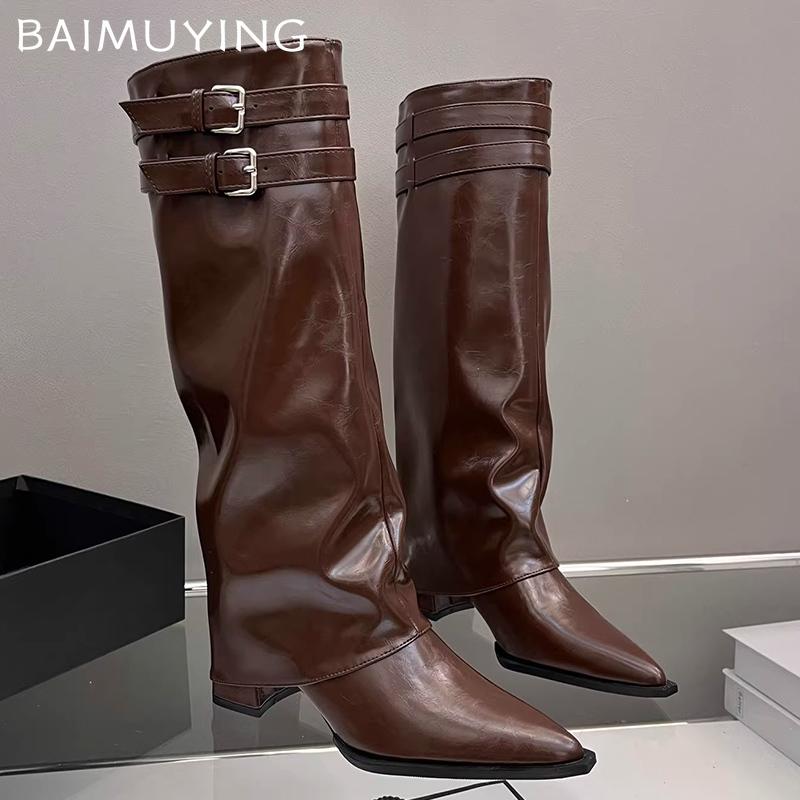 Острый носок женские высокие сапоги сексуальные толстые каблуки средней высоты до колена модные зимние дизайнерские туфли-лодочки готические мотоциклетные ботинки женские