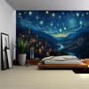 Vintage Starry Sky Oil Painting Tapestry Wall Decoration City Night Scene Fabric Mural for Home Dormitory Office Background Post