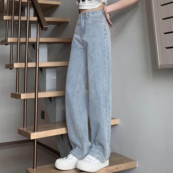 Women's Jeans with High Waist Zipper Closure Vintage Loose with Pockets Trousers Casual Wear Straight Wide Street Long Trousers