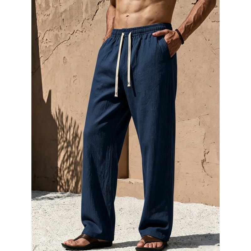 Mens Cotton Linen Loose Fit Pants With Drawstring Waist Breathable Lightweight Beach Vacation Trousers