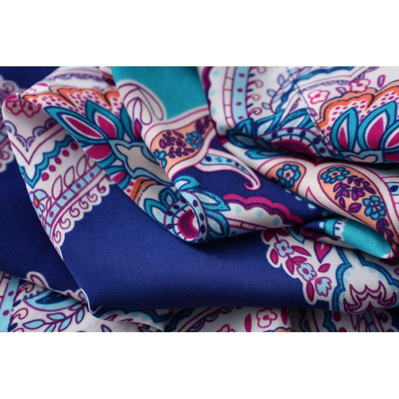 Export Export Ethnic Print Crimp Stylish V Neck Short Sleeve Satin Chiffon Shirt Pure Color Acetate Tops