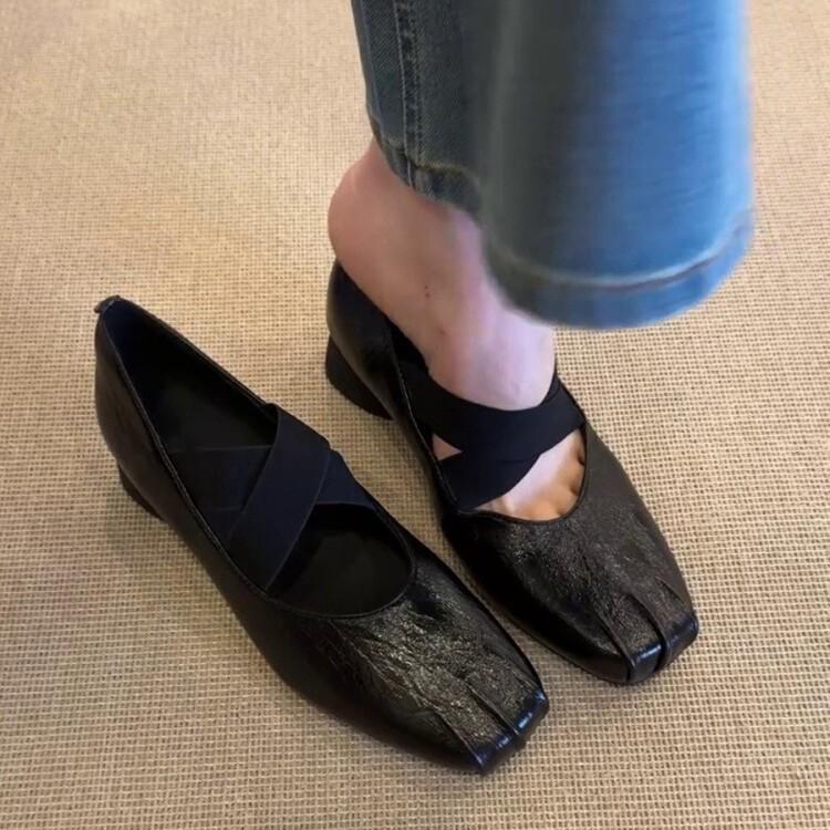 Sheepskin Version~ Square Head Retro Handmade Ballet Single Shoes Women's Cross Strap Thick Heel Ballet Shoes Mary Jane Single Shoes