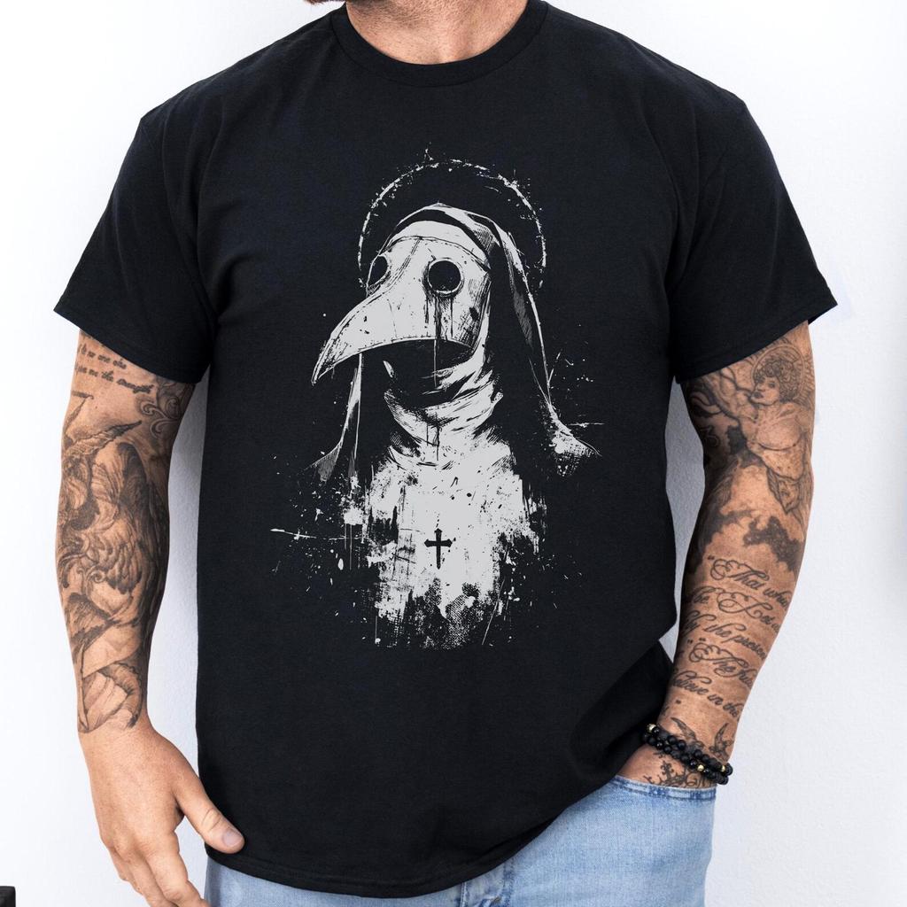 Plague Doctor Nun Shirt: Gothic Dark Art T-Shirt | Black Death Mask Design Tee | Medieval Horror Style Top