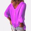 V-Neck Bat Seven-Point Sleeve Back Button T-Shirt Loose Top Women