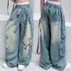 Retro Cartoon Graffiti Loose Teen Jeans Girl Summer Design Wide Leg Cargo Denim Pants Kids Multi Pocket Trousers