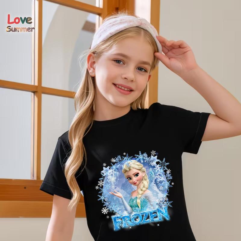 Детская футболка Эльза Снежинка Мультяшный принт Повседневная с круглым вырезом с коротким рукавом Эластичный крой Идеально для весны 2026 Ежедневная носка