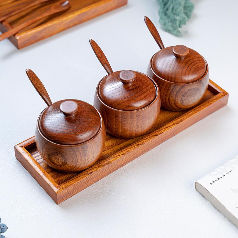 Wooden Salt Cellar Sugar Bowl Pepper Box Salt Seasoning Container Storage Box with Lid and Spoon Wooden Spice Box Spice Jars