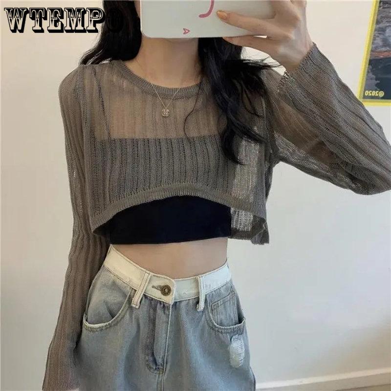 Women Breathable O-neck Hollow Out Sun Shading Summer Crop Tops Girl Elegant Loose Korean Style Trendy Solid Shawls