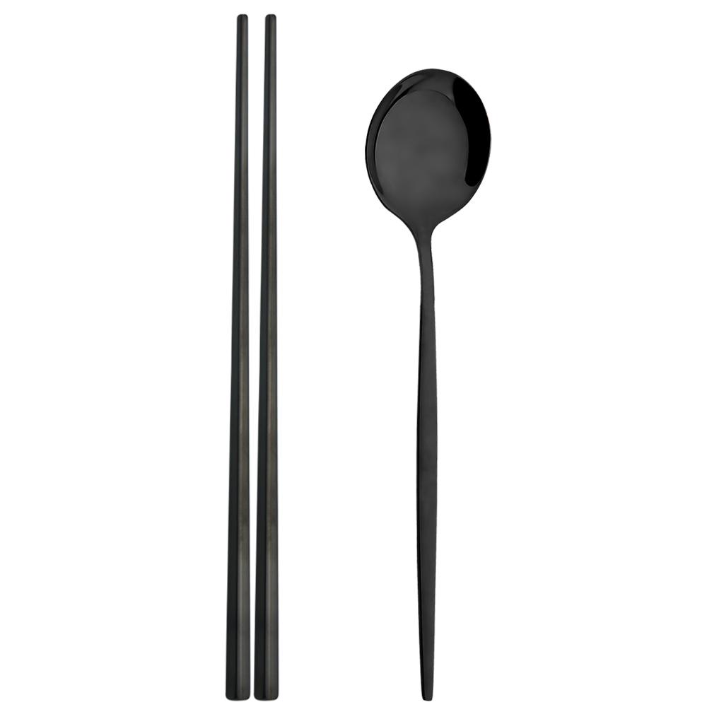 2 шт. портативная черная посуда из нержавеющей стали, набор столовых приборов, ложка, палочки для еды, набор западных обедов, ужинов, дорожная посуда