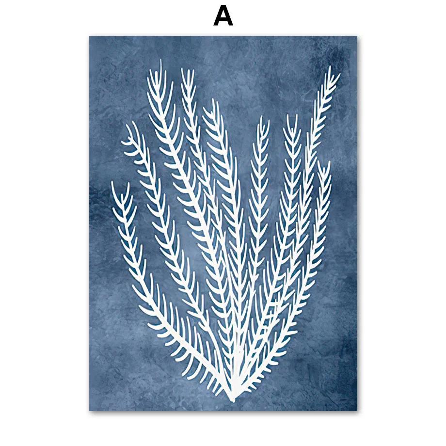 Navy Blue Sea Coral Seaweed Wall Art Canvas Painting Nordic Posters And Prints Beach House Wall Pictures For Living Room Decor