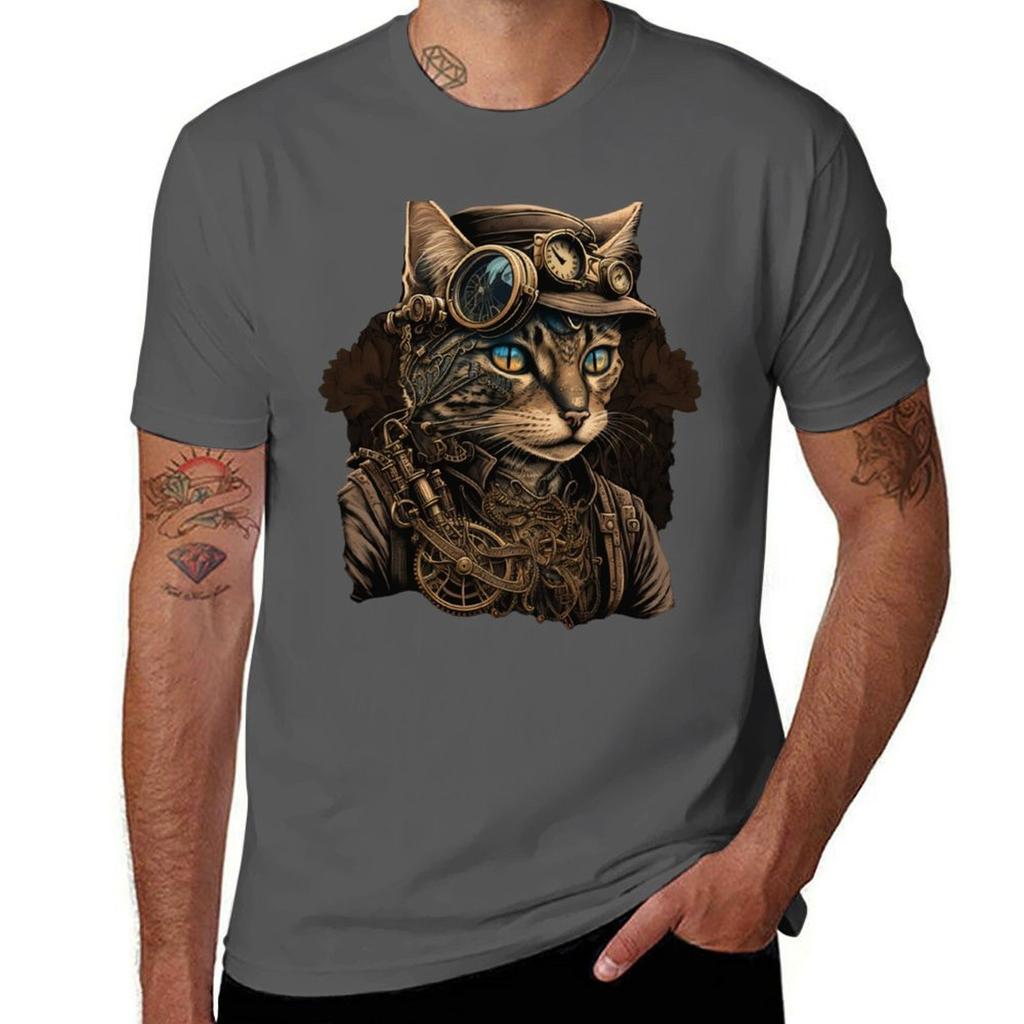 Steampunk Cat TShirt Worker Basic Short Sleeve Tee