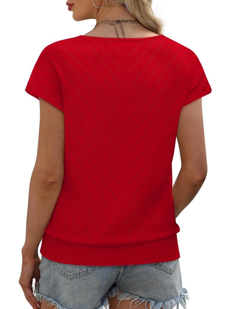 Летний горячий тренд 2026 года Пляжный отдых Короткий рукав V-образный вырез Ажурный повседневный вязаный свитер для женщин