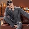 Мужской кардиган, ночная рубашка, весенняя пижама с длинными рукавами, топ, штаны, пижама для мальчиков с лацканами, пижама для мужчин