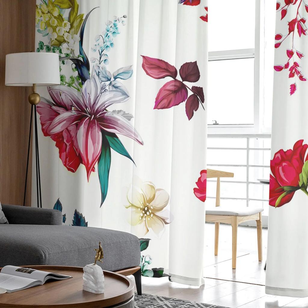 Flower Leaves Watercolor Tulle Curtains for Bedroom Hall Living Room Decor Chiffon Curtain for Balcony Kitchen Home Drapes