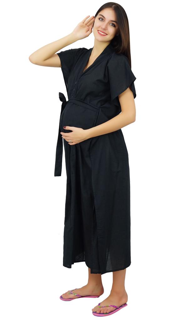 Bimba Nursing Black Cotton Kaftan With Belt Front Buttons Maternity Night
