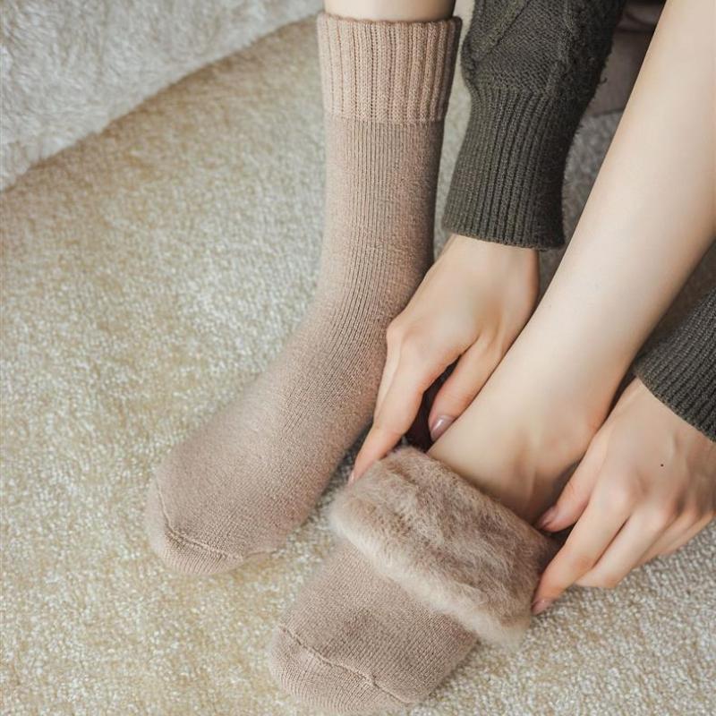 Женские зимние бархатные носки средней длины, толстые плюшевые теплые однотонные носки-тапочки