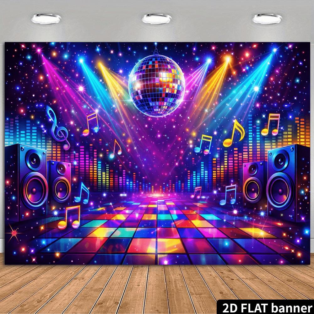 2D flat disco music background mirrored ball and rainbow dance floor elements balanced note decoration