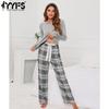 Женская мода повседневная весна осень клетчатый принт с длинным рукавом и круглым вырезом брюки костюмы