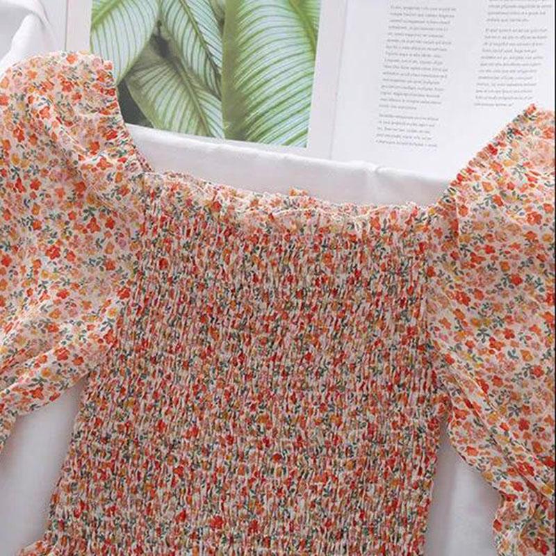 Women's Puff Sleeve Chiffon Shirt Off Shoulder Square Neck T-Shirt Slim Fit Women's Floral Top Womens Blouses