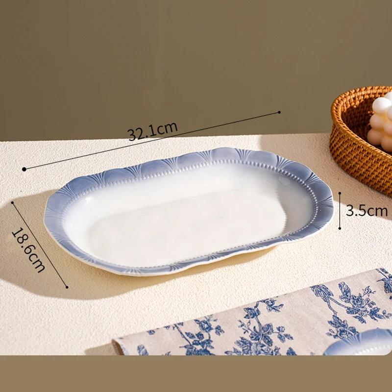 Обеденные тарелки во французском стиле, изысканные блюда, глубокая суповая тарелка, изысканный фруктовый салат, керамическая тарелка, синяя кромка, домашняя посуда